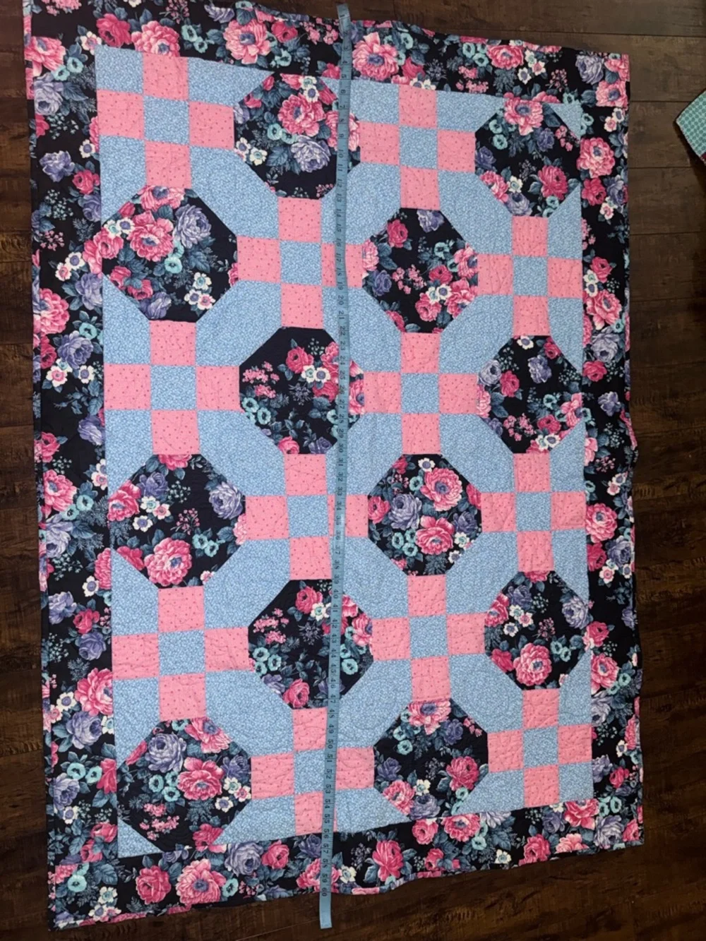 Floral Patchwork Quilt - Pink, Light Blue & Black
